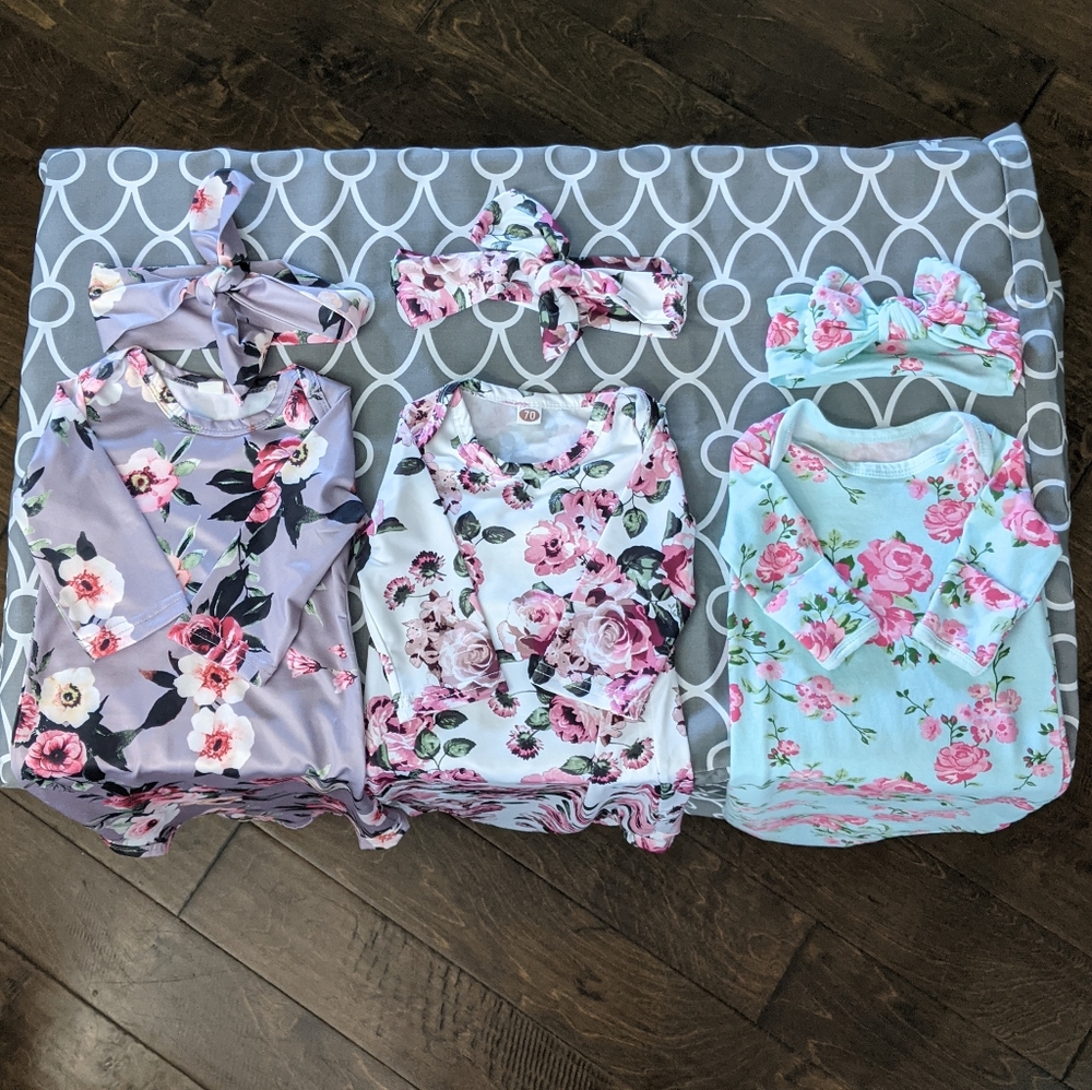 Floral Baby Gowns with matching headbands